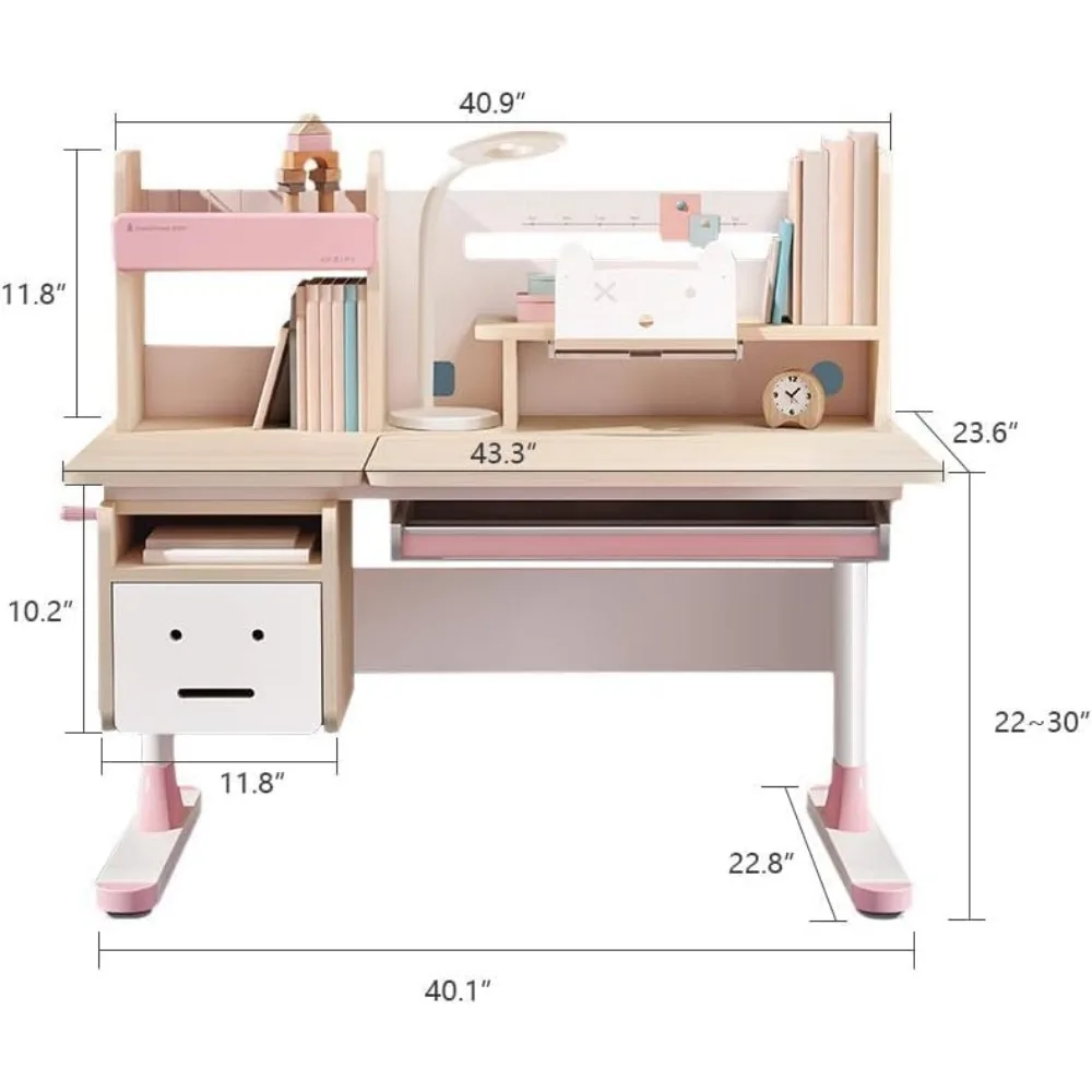 Wood Adjustable Height Kids Study Desk with Chair, Reading Homework Drawing Table Computer Station Built-in Bookshelf Hutch