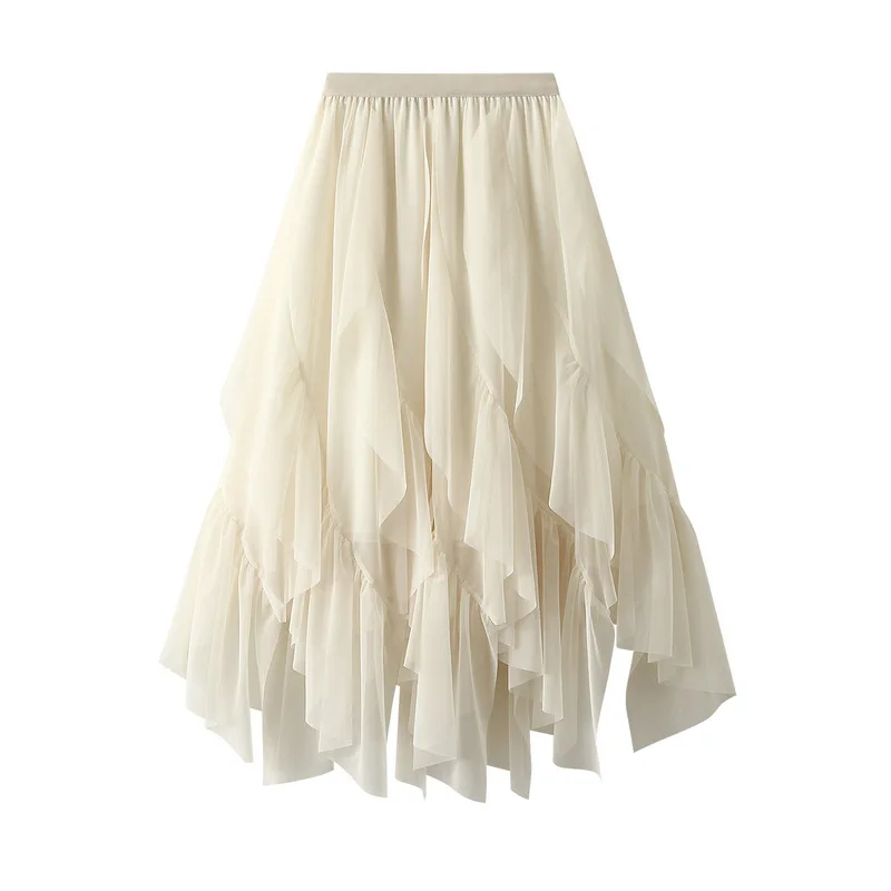 Falda Midi informal holgada de malla con volantes, faldas de verano para mujer, nueva falda ajustada elástica de cintura alta con forro de malla lisa, ropa para mujer