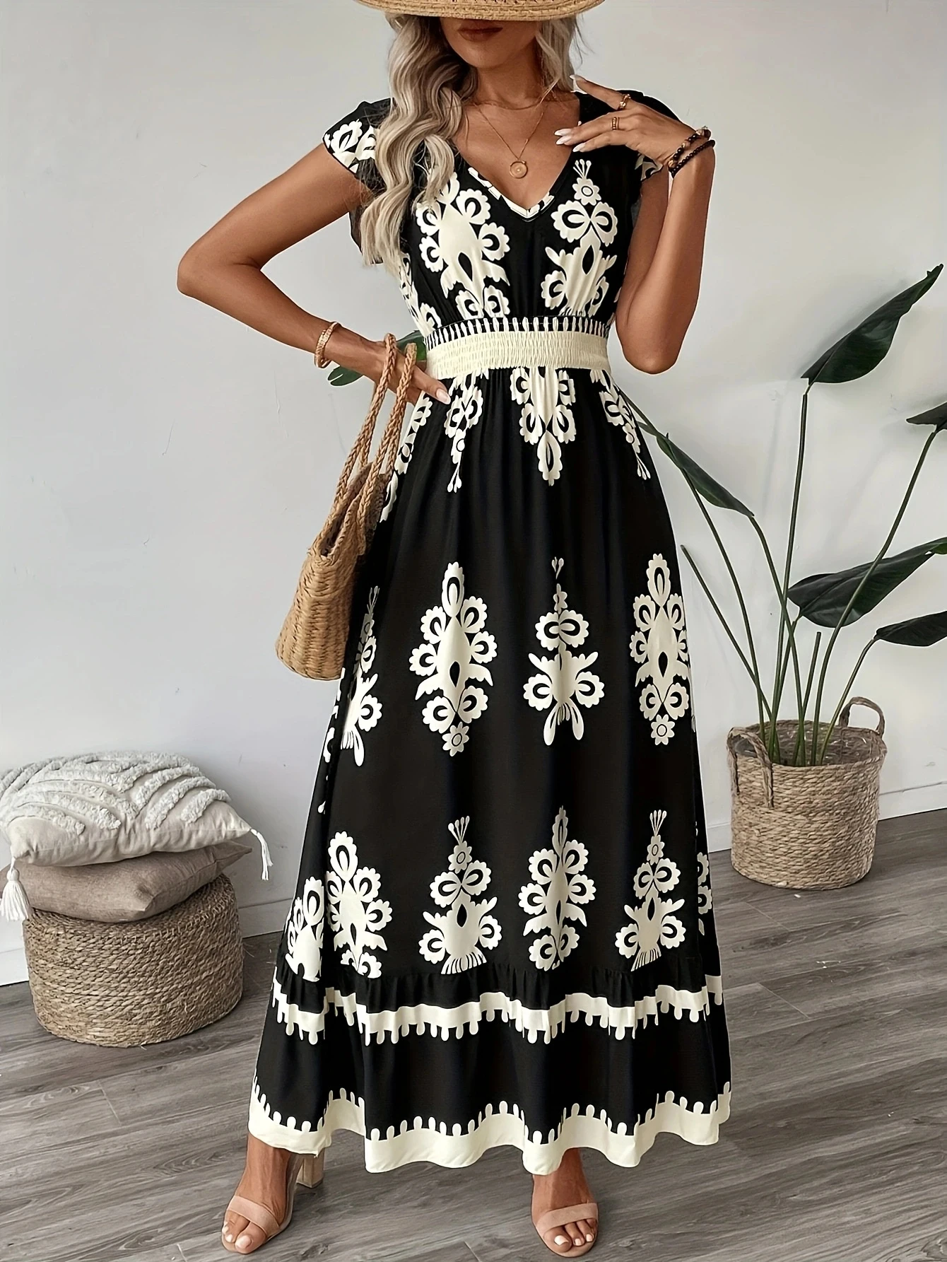 Plus Size Dames Elegante Maxi-jurk met V-hals Geometrisch patroon Korte mouw Plooirok Polyester Casual uitje