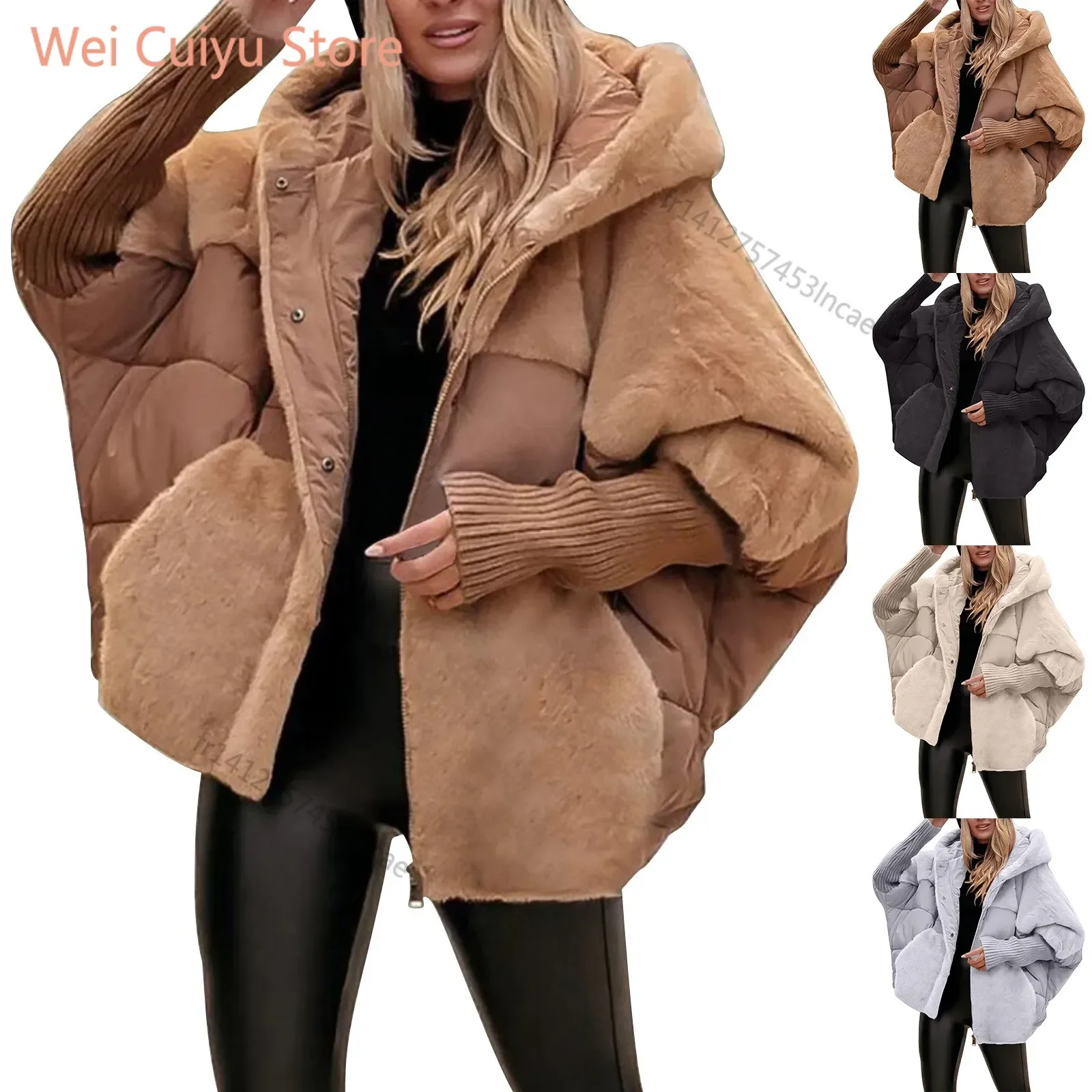 Lose Baumwollmantel für Damen, Kunstpelz, Patchwork-Wintermantel, bequem, schick, langärmelig, Kapuzenjacke
