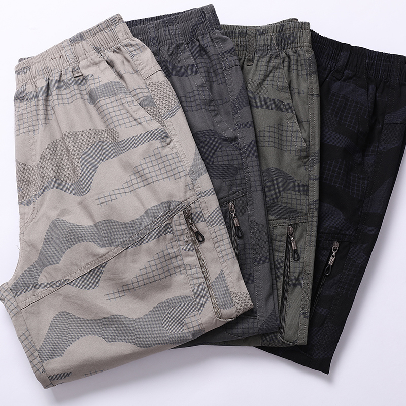 ฤดูร้อนผู้ชาย Elastic High เอวกระเป๋า Camouflage ตรง Sweatpants Cargo หลวมวันหยุดการพิมพ์ Preppy สไตล์กางเกงขาสั้น