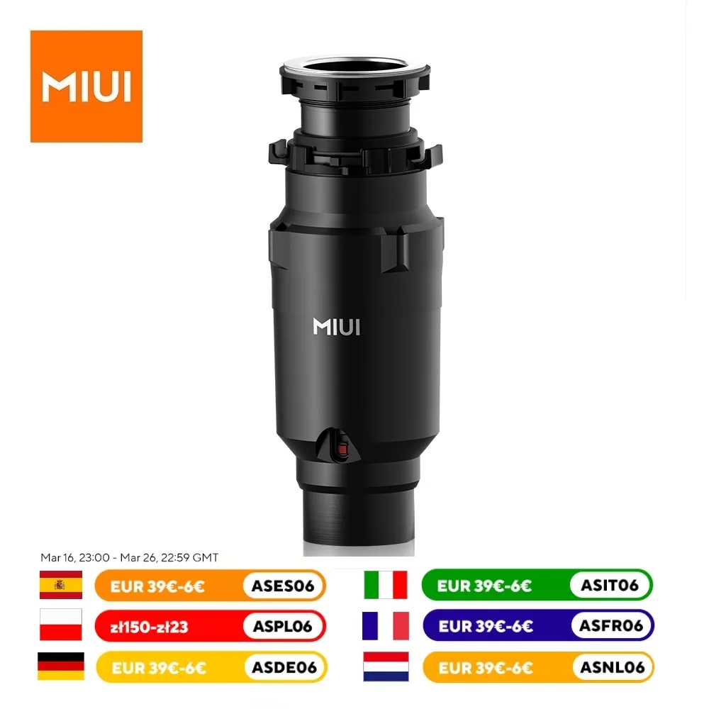 MIUI Dyspenser do odpadów spożywczych z ciągłym podawaniem, system mielenia odpadów spożywczych ze stali nierdzewnej, cichy, ekonomiczny, 1/2 KM, do zlewu kuchennego, czarny