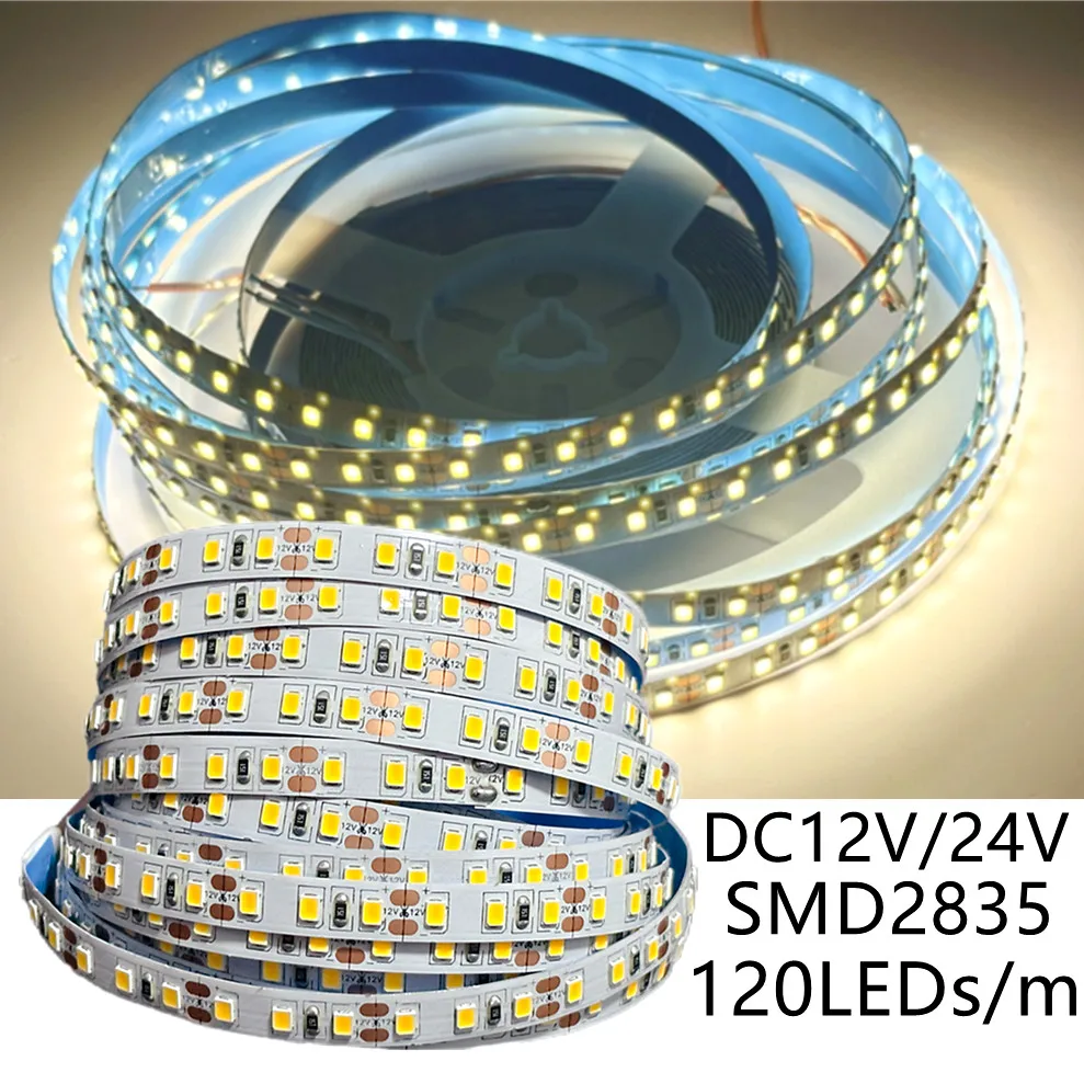 Tira de luces LED 2835 120LEDs/m DC12V 24V tira de lámpara para el hogar decoración rojo hielo azul verde amarillo rosa 2835 barra de lámpara suave Flexible y cortable