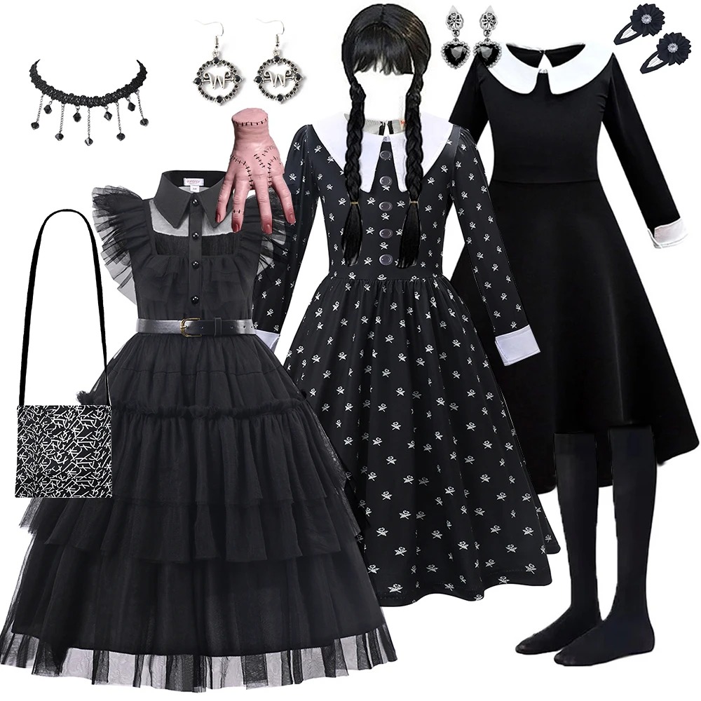 Vestido mullido de malla negra para niñas, disfraz de cuña de estilo gótico, vestido de Halloween, trajes de fiesta para niños, disfraz estampado