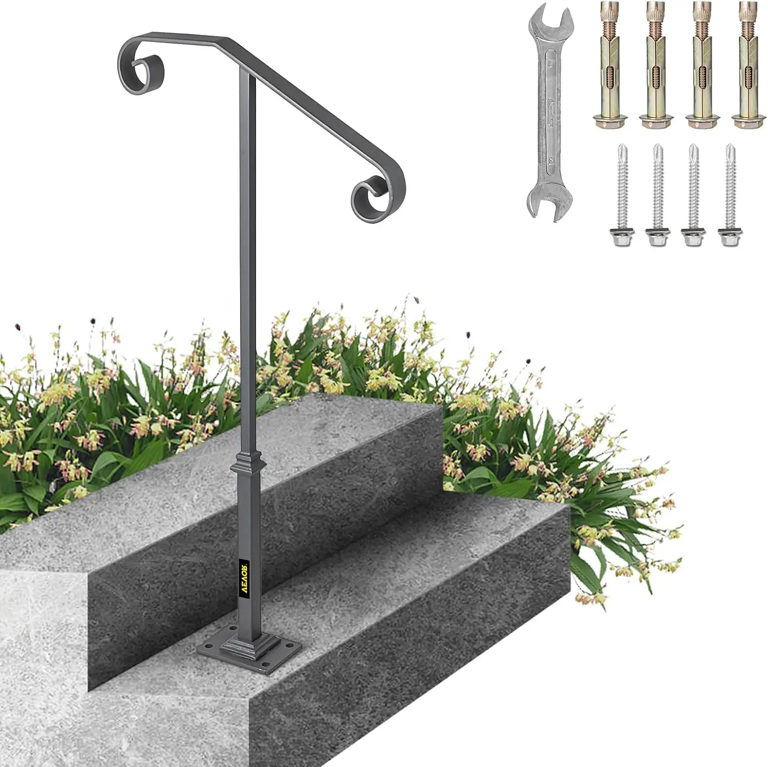 Handrails for Outdoor Steps, Fit 1 or 2 Steps Outdoor Stair Railing, Single Post Wrought Iron Handrail