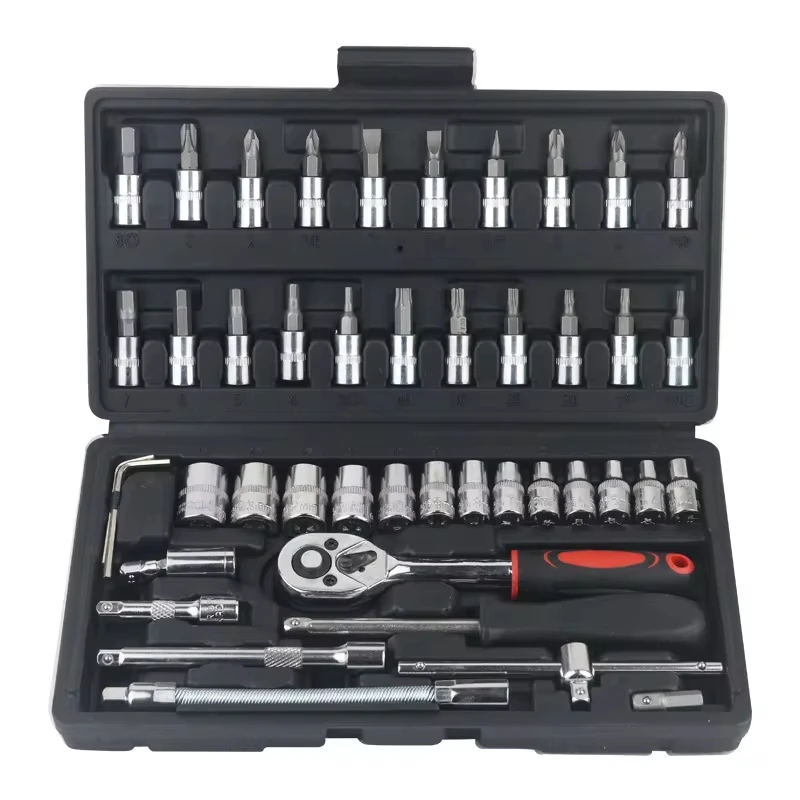 Nuovo 46pcs Kit di strumenti di riparazione auto Set di prese da 1/4 pollici Strumento di riparazione auto Chiave dinamometrica a cricchetto Combo Set di riparazione automatica Strumento meccanico