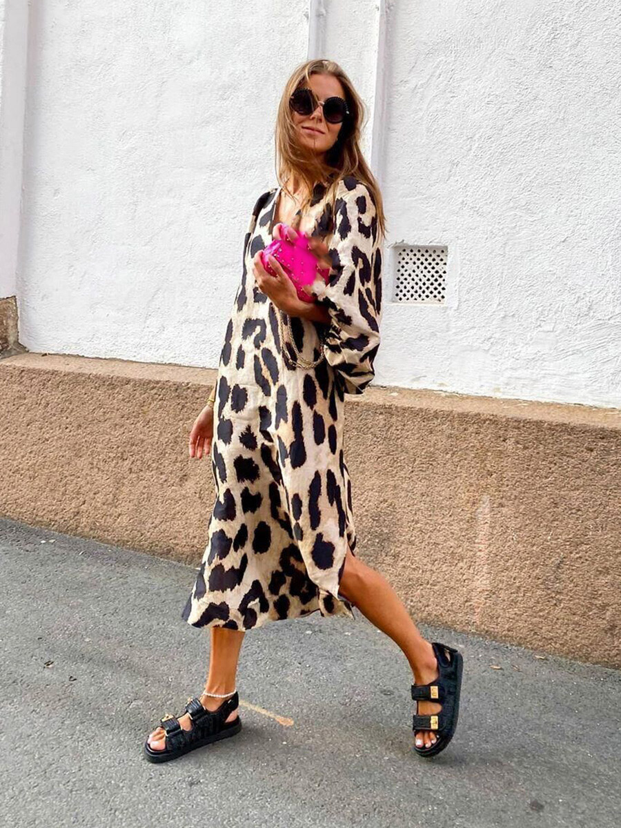 Mode Leopard Casual Kleid frauen Neue V-ausschnitt Laterne Hülse Elegante Büro Urlaub Sommer Weibliche Lose Kleider Robe Femme
