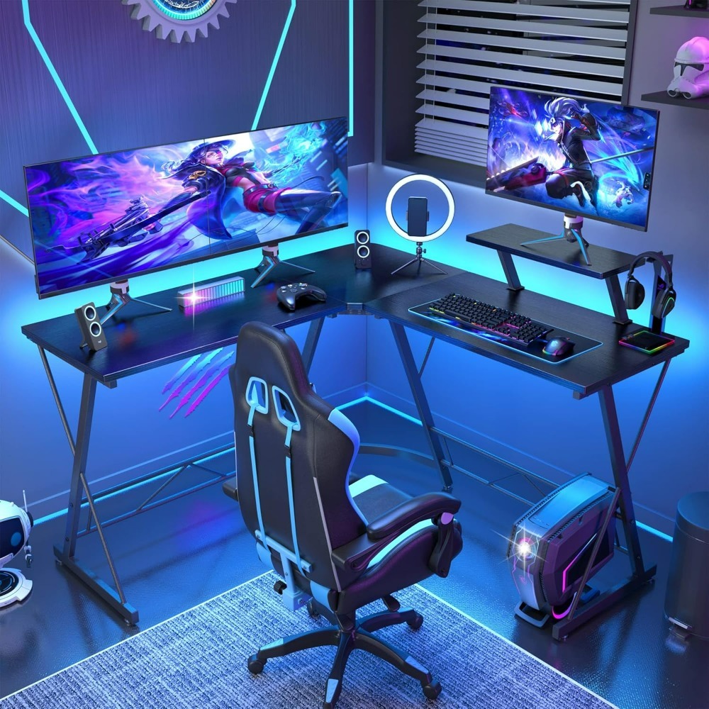 L Shaped Gaming Desk Corner Computer Desk, Home Office Desks Writing Workstation with Large Monitor Stand, Easy to Assemble