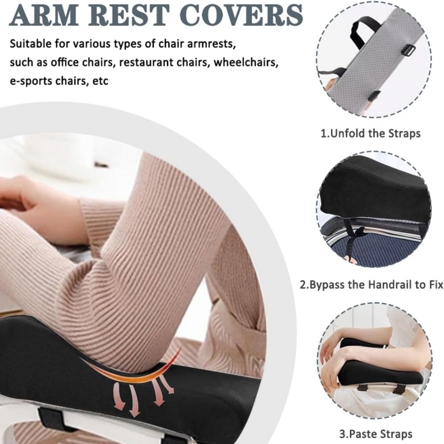 One set of office chair armrest cushions and memory foam elbow pillows, designed to relieve forearm pressure, washable