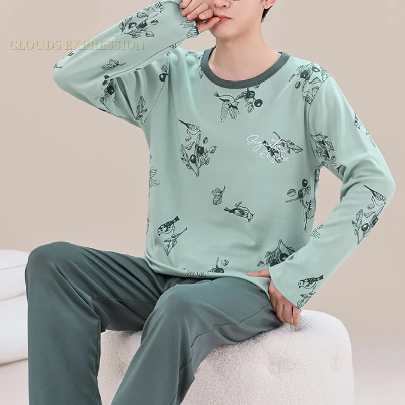 Mùa Xuân Và Mùa Thu Nam Cotton Đồ Ngủ Thư Lưới Bộ Đồ Ngủ Hoạt Hình Bộ Đồ Ngủ Bộ Casual Bộ Đồ Ngủ Size Lớn Cổ Nam