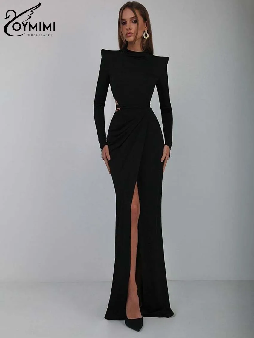 Oymimi-Conjunto elegante negro ajustado de 2 piezas para mujer, traje Sexy de manga larga con cordones y espalda abierta + conjunto de falda de sirena hasta el suelo