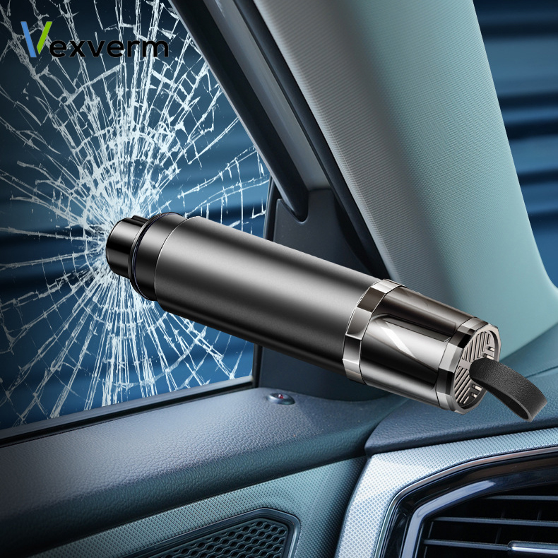 2-in-1 Car Safety Hammer Window Glass Breaker Seat Belt Cutter High Hardness Tungsten Steel Emergency Rescue Tool with Base