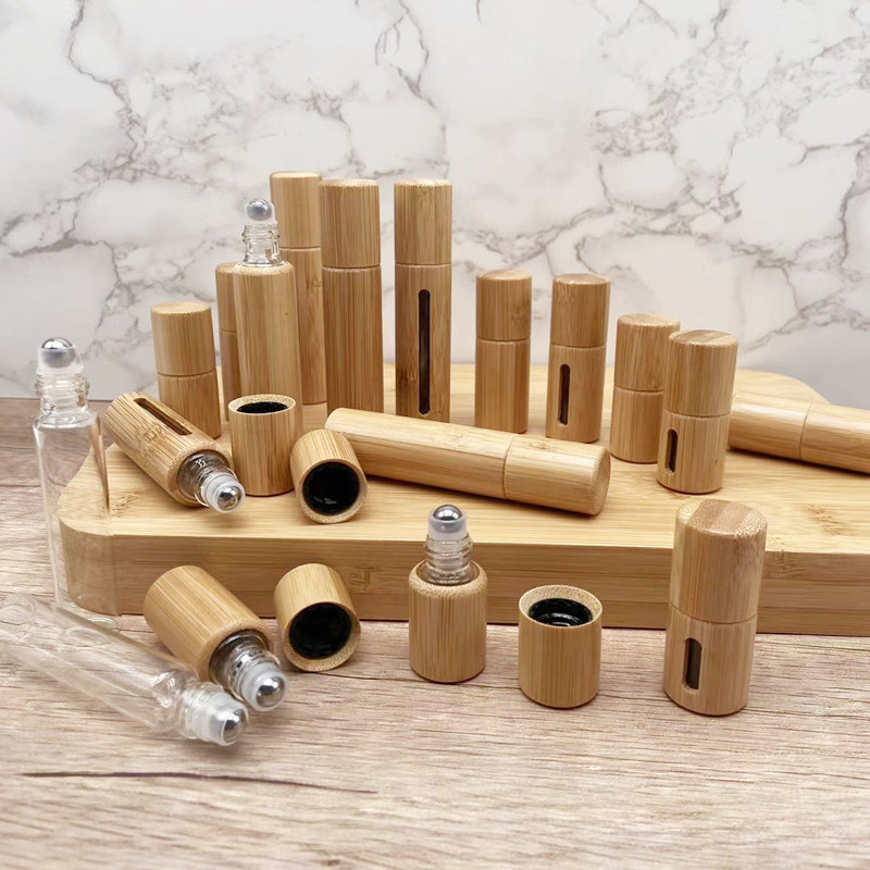 Botella de madera de bambú de 3ml, 5ml, 10ml, botella de aceite vacía para Perfume, rollo inoxidable en bola, botella de Perfume para aromaterapia, botella con rodillo de aceite