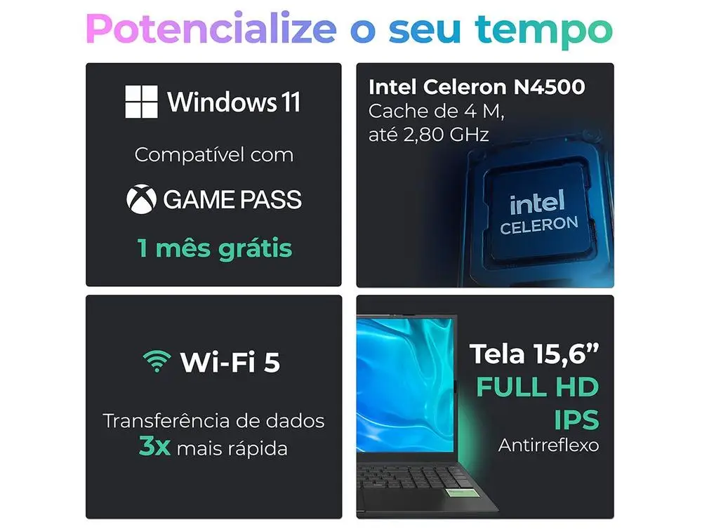 Notebook Positivo Vision C15M Intel Celeron N4500 4GB RAM 128GB eMMC 15" Full HD Windows 11 Intel Graphics 3002996