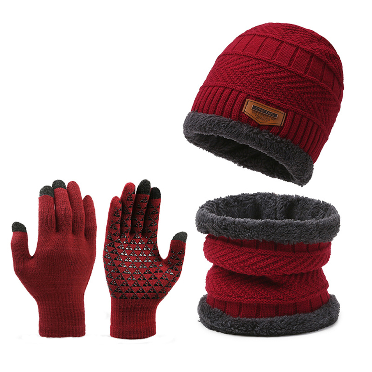 Gorro de punto para invierno, bufanda más cálida para el cuello y guantes para pantalla táctil, conjunto de gorro con calavera forrado de lana para hombres y mujeres al aire libre