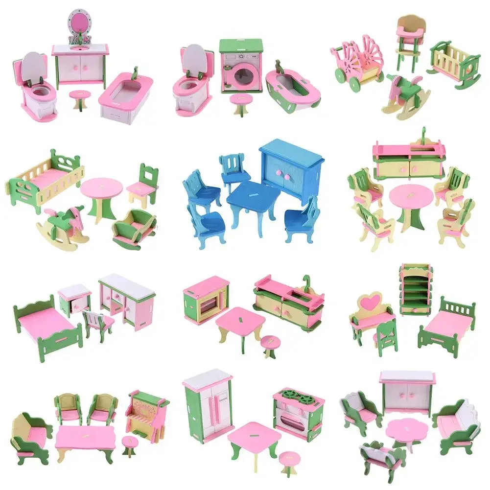 Muebles en miniatura de madera para niños, modelos de simulación, decoración de casa de muñecas, regalo de Navidad, 12 juegos