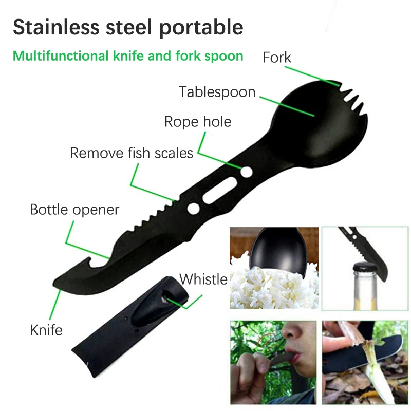 Vajilla para acampar, cuchillo de acero inoxidable para exteriores, tenedor, cuchara, cubiertos de Picnic multifunción portátiles, equipo para acampar al aire libre