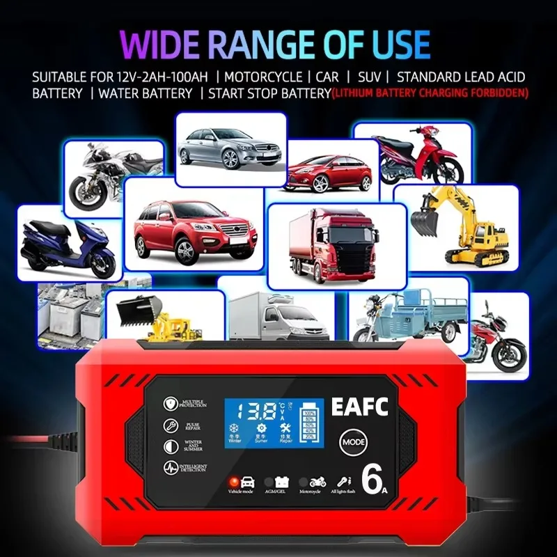 Carregador de bateria de carro de tela grande 6a 12v dispositivo de carregamento de bateria de carro e motocicleta bateria de chumbo-ácido reparo inteligente display lcd