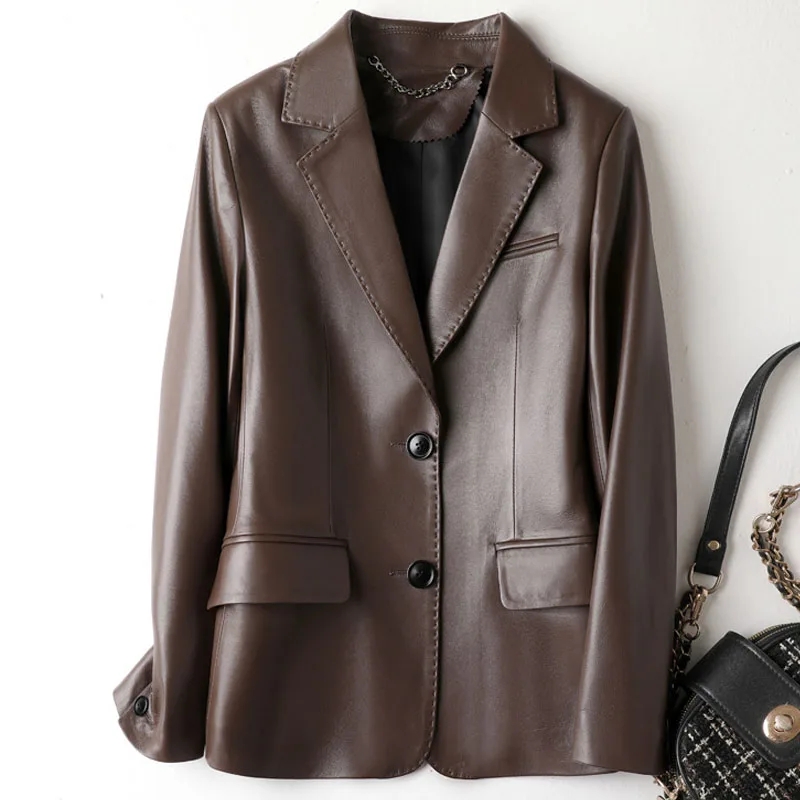 Julypalette, chaquetas de cuero genuino para mujer, abrigos de traje de piel de oveja de Color café Vintage, abrigos elegantes de cuero Real de un solo pecho para mujer