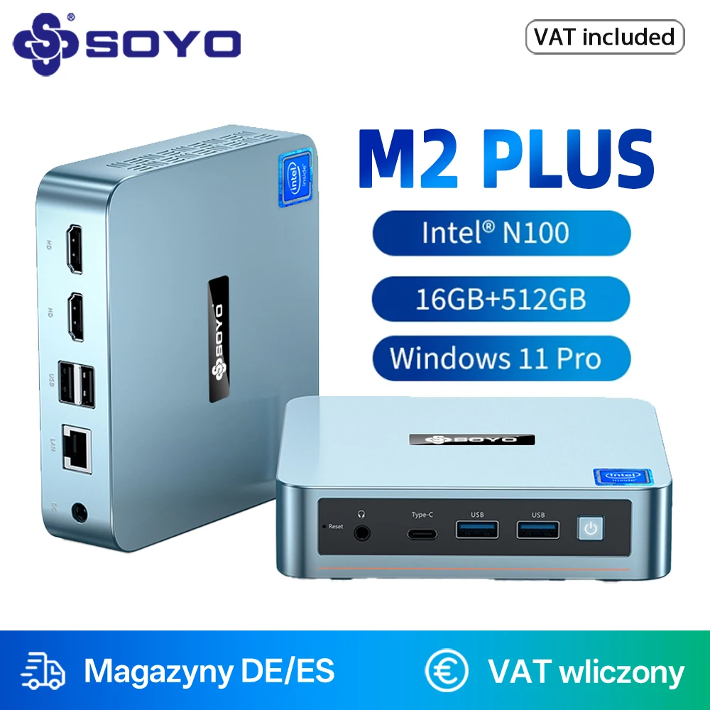 Mini PC SOYO M2 Plus V1 z procesorem Intel 12. generacji N100, Windows 11 Pro, 16 GB DDR4, 512 GB SSD, obsługa WiFi5, mini komputer stacjonarny.