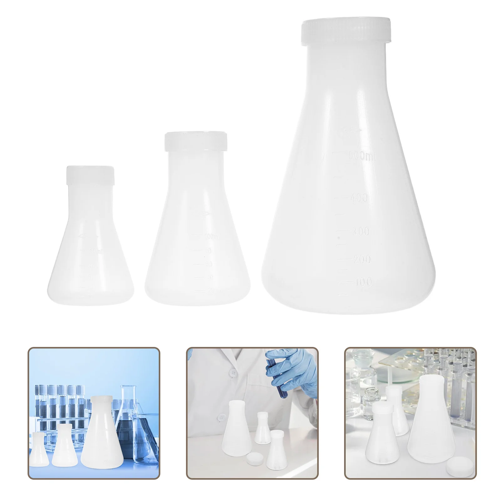 3 Buah Botol Plastik Botol Kerucut dengan Sekrup untuk Percobaan Siswa Laboratorium Kimia Putih (50Ml + 100Ml + 500Ml)