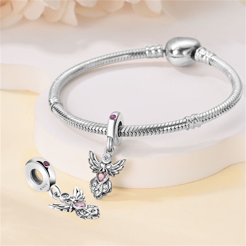 클래식 실버 도금 로터스 가디언 천사 하트 모양의 지르콘 참 비즈 맞는 Qikaola 925 오리지널 팔찌 DIY 쥬얼리 선물