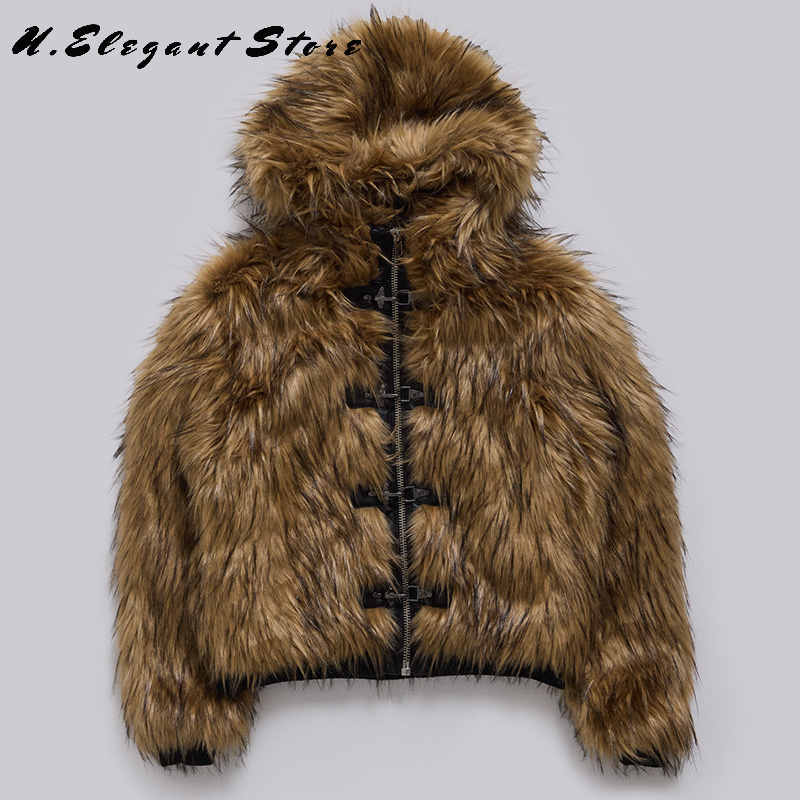 Vintage punk casaco de pele do falso para mulheres zíper manga longa jaqueta grossa 2024 inverno com capuz marrom casaco quente nova senhora y2k outerwears