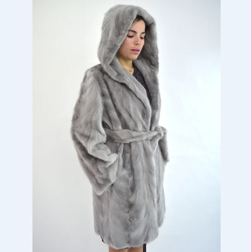 Echter Nerz pelzmantel, warm und modisch im Winter, langer Mantel mit Hut, 100% Nerz, neu, 2024