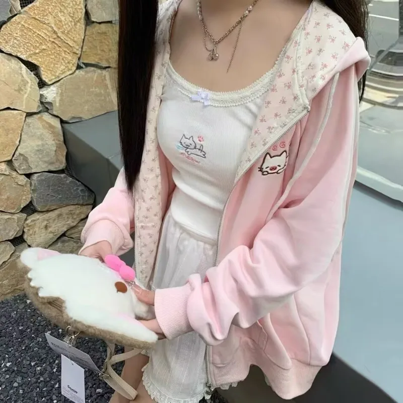 Harajuku coreano kawaii casaco com capuz feminino fino manga longa com zíper cardigan y2k streetwear novas jaquetas soltas de comprimento médio