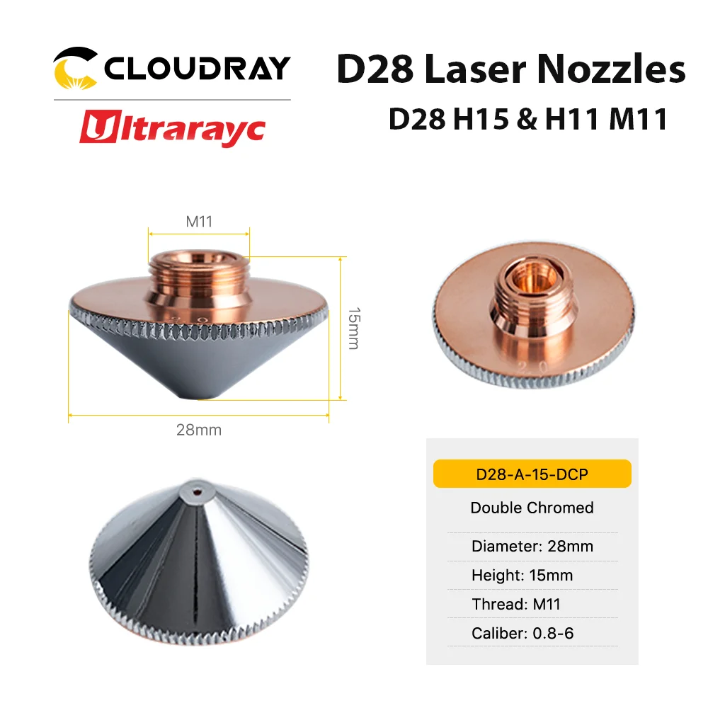 Ultrarayc Đầu Cắt Laser Vòi Phun Đơn Đôi Chrome Mạ Lớp D28 Cỡ Nòng 0.8-6.0Mm Cho Precitec WSX sợi Đầu Cắt