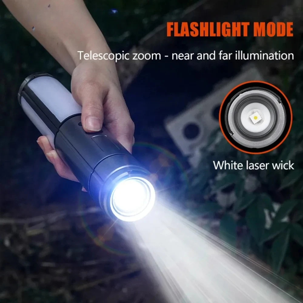 Multifunktionale Campingleuchte, 2-in-1, wiederaufladbare Teleskop-Campinglaterne, Taschenlampe mit Haken, Notfall-Arbeitsleuchte für den Außenbereich