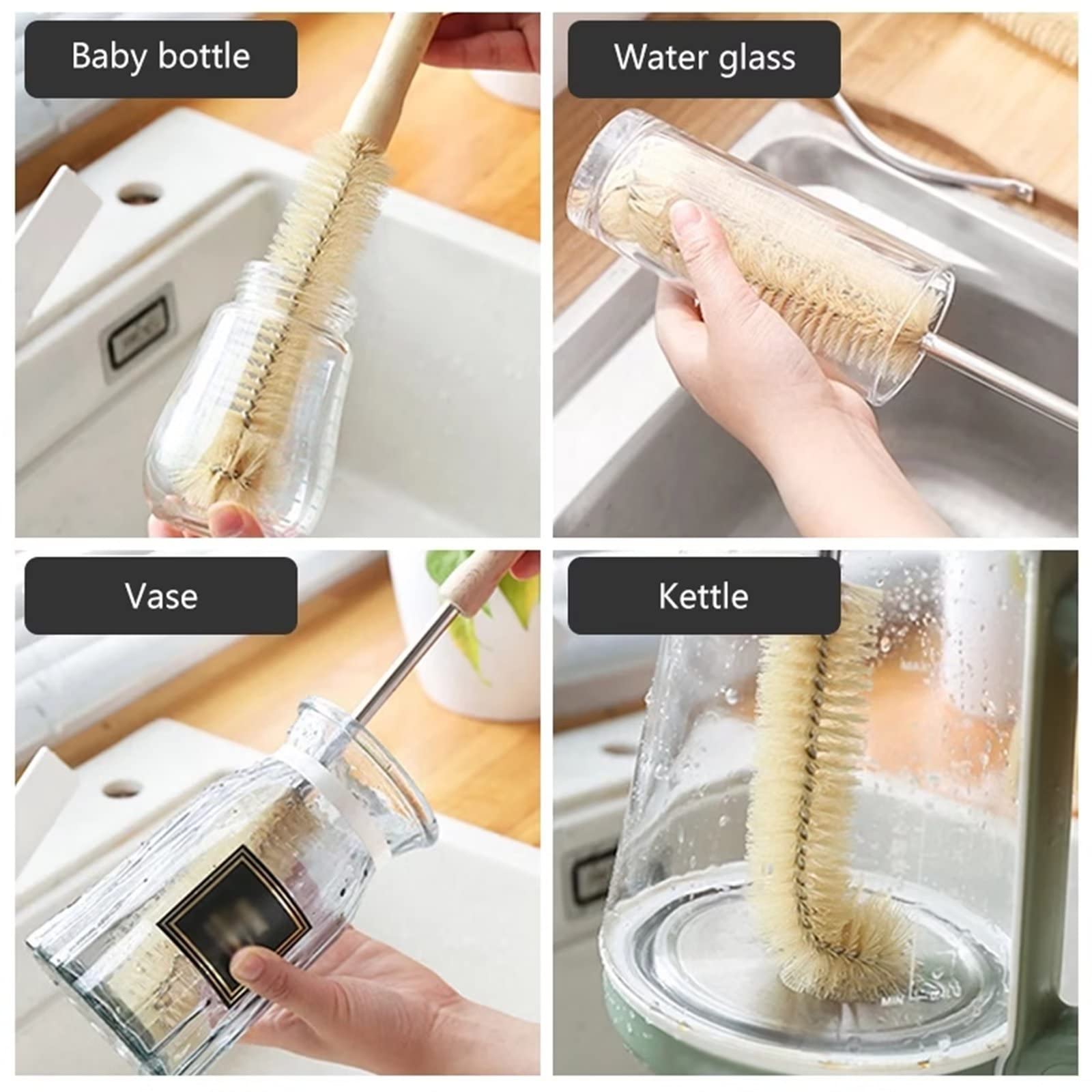 Flessenborstelreiniger met lange steel voor keukenreinigingsborstel Houten handvat Nylon borstelharen Kleine borstel voor keukenreinigingsgereedschap