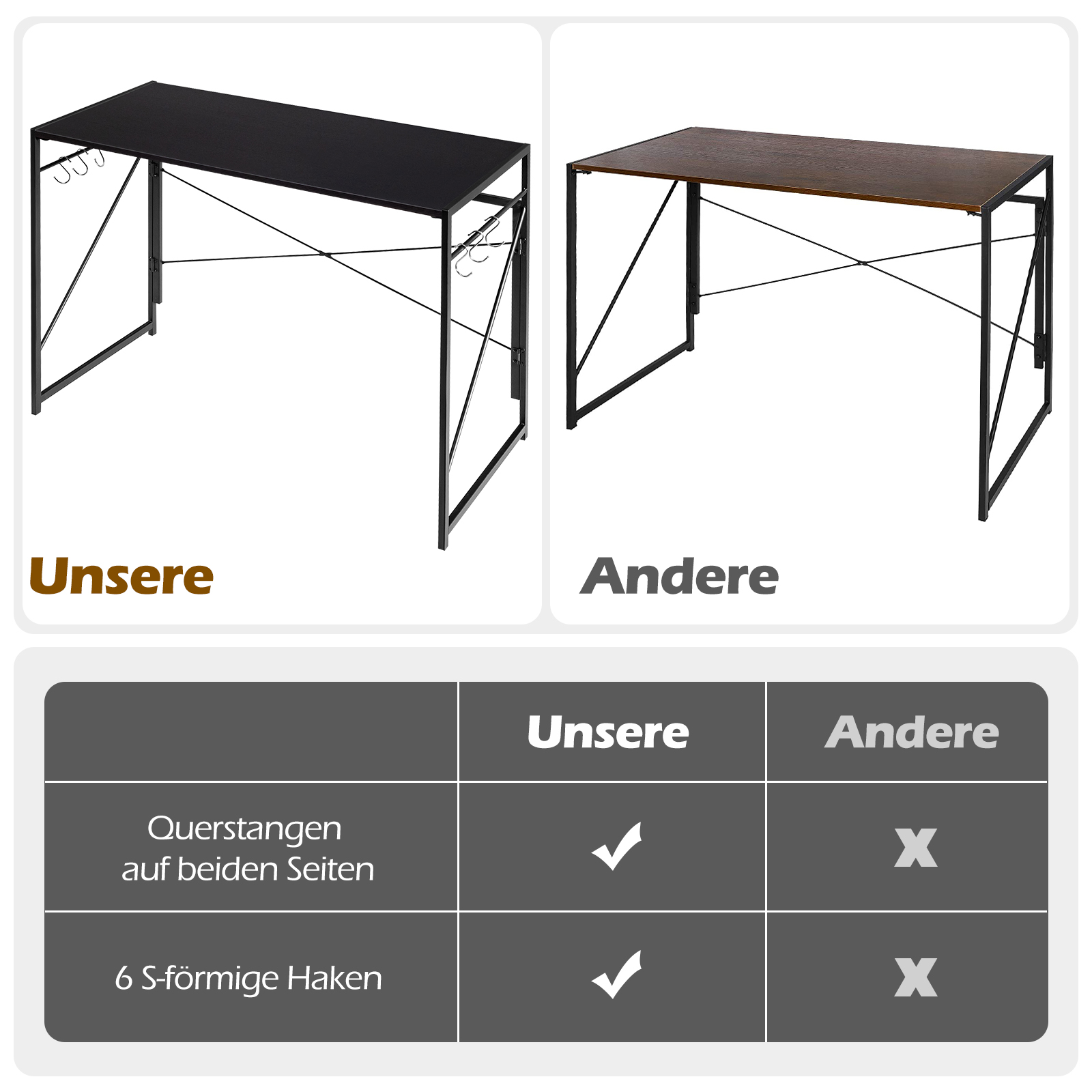 klappbarer Schreibtisch, 100 x 50cm Klapptisch mit 6 Haken & Metallrahmen, platzsparender Computertisch Laptop-Tisch