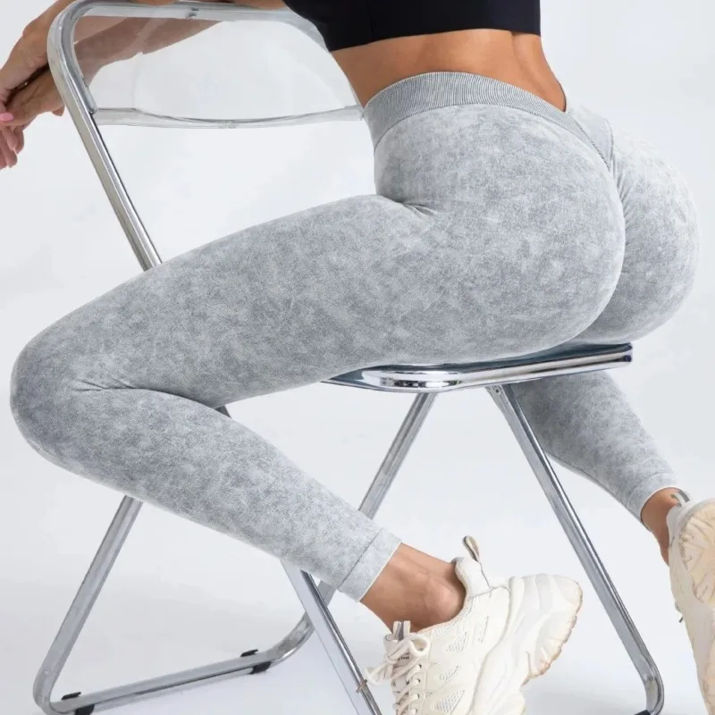 Mallas deportivas sin costuras para mujer, medias con espalda en V, cintura alta, levantamiento de cadera, pantalones de gimnasio, mallas elásticas de Yoga con lavado con agua esmerilada