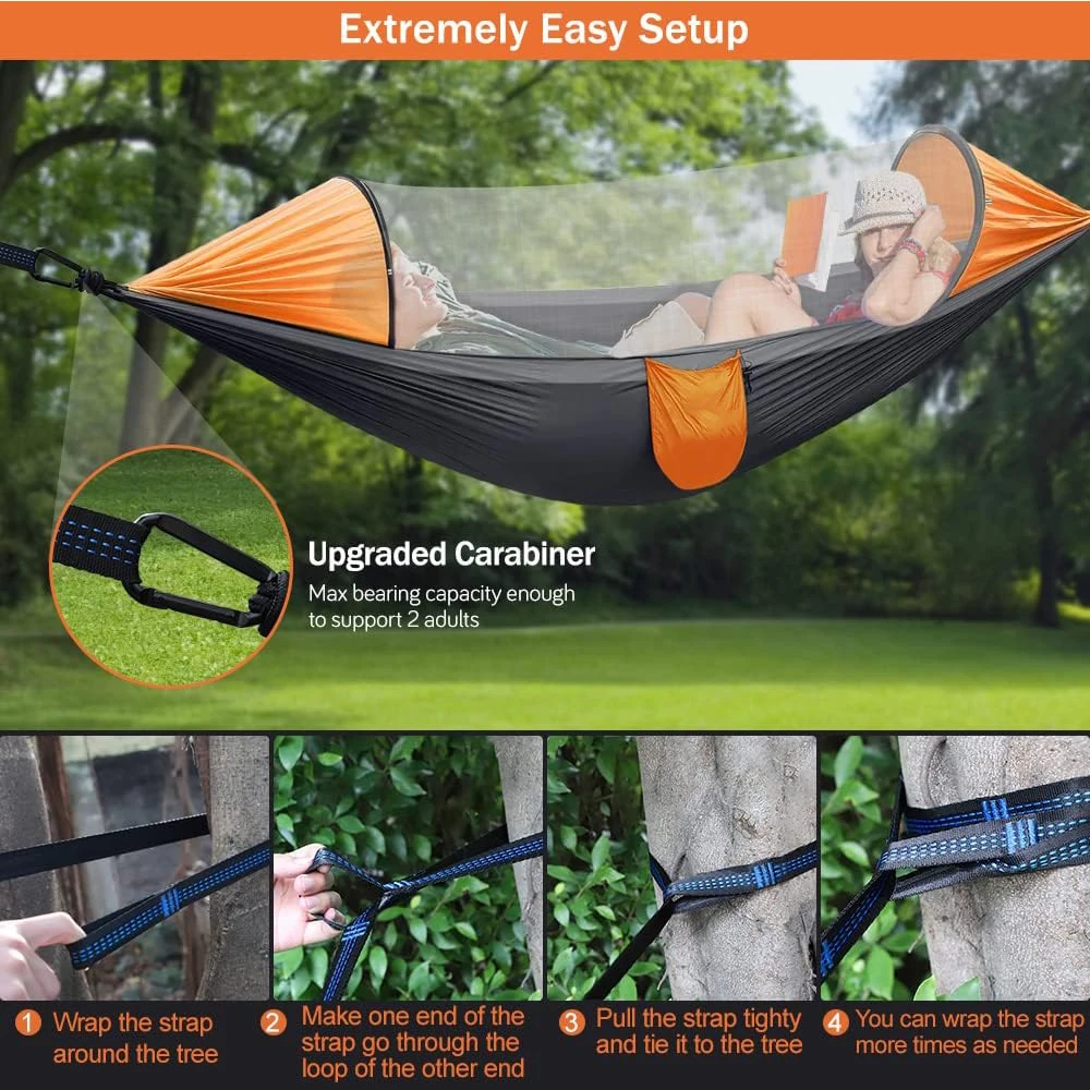 3 in 1 Outdoor Camping Hammock with Mosquito Net Automatic Quick Opening Nylon Hammock Chair Anti-Mosquito Hanging Bed Net