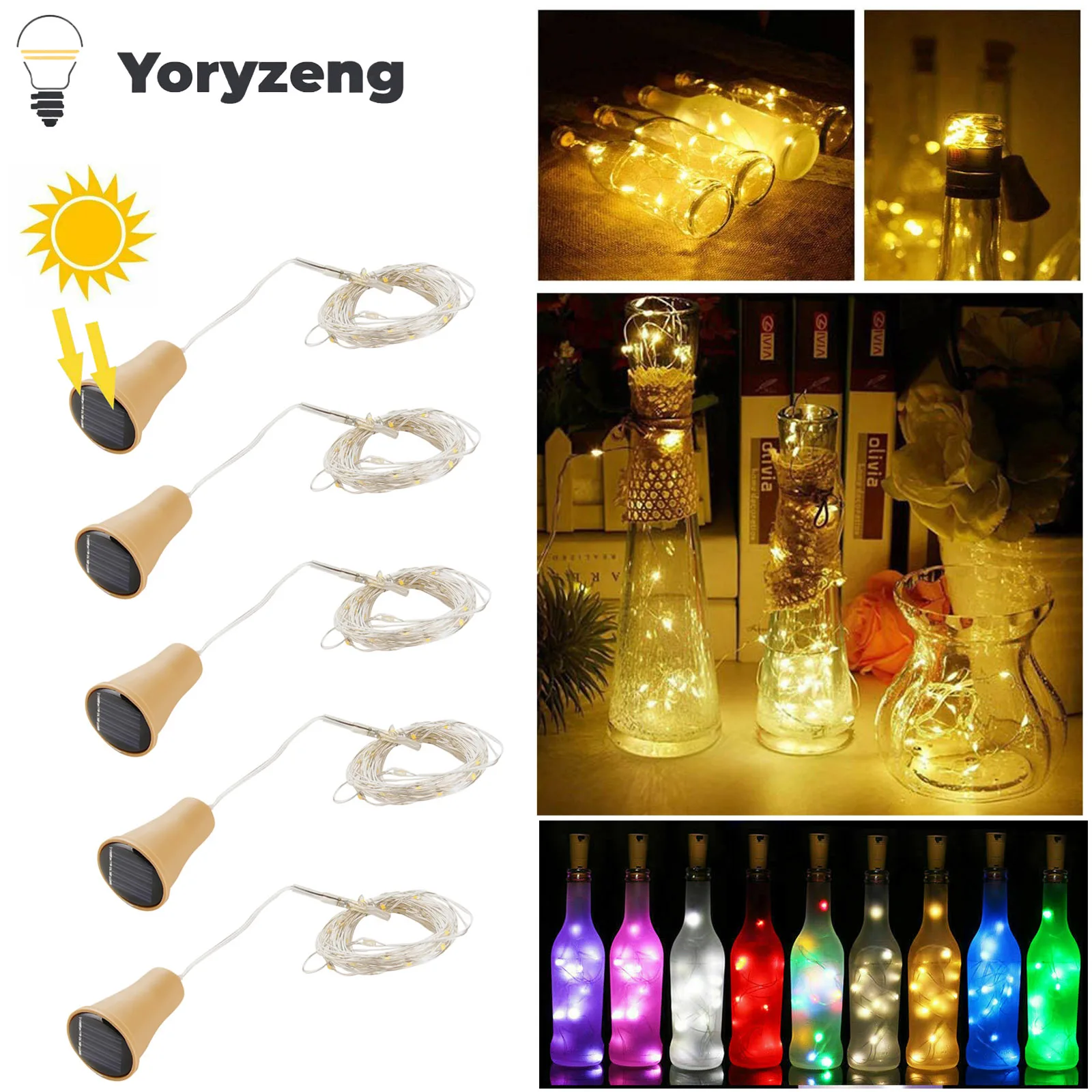 5Pcs Solar Power 10 20LEDs Wine Bottle String Light Copper Wire Fairy Lights Cork Shape Christmas Lamp For Party Garden Decor
