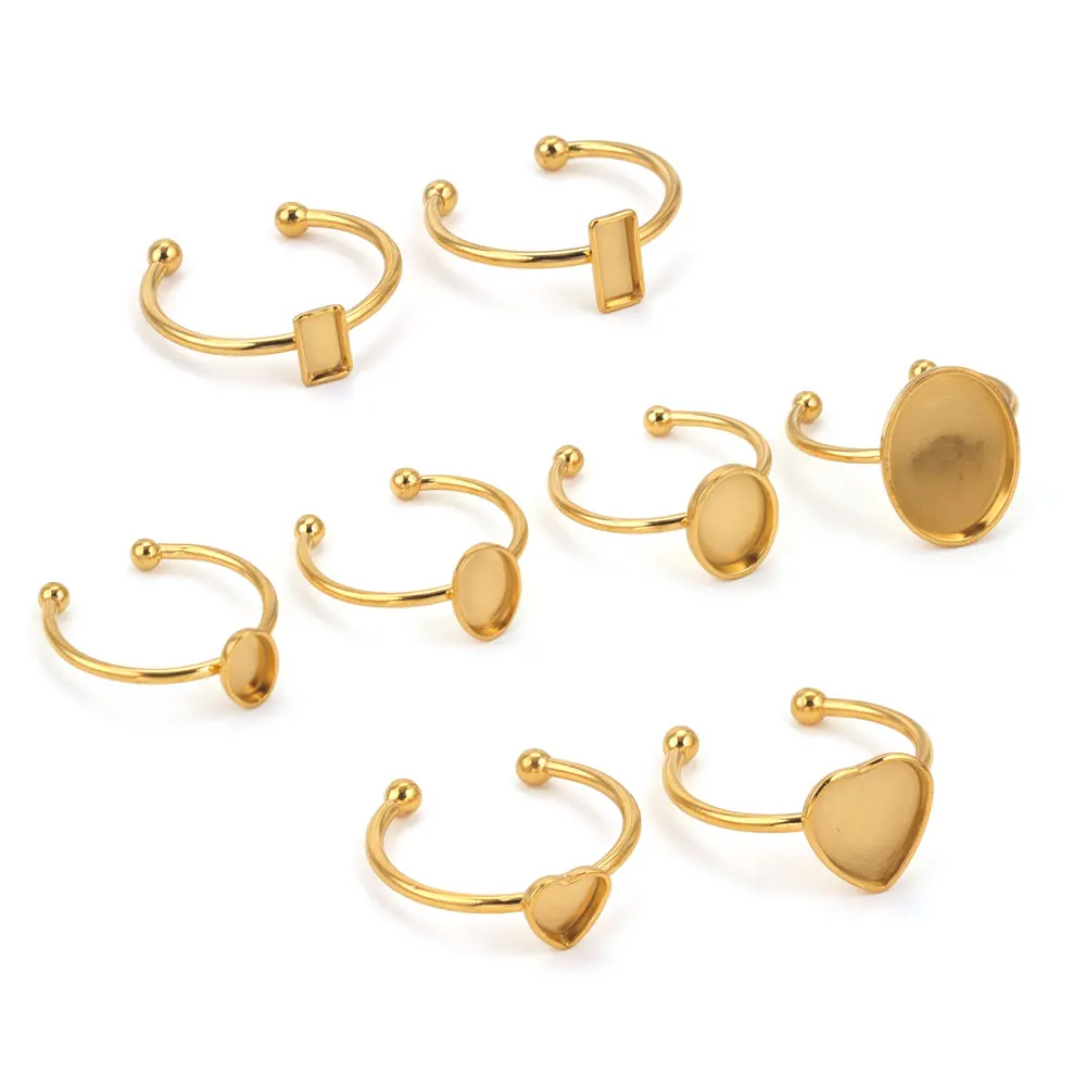10 Uds. Ajustes de anillo abierto de acero inoxidable ajustables Base en blanco bisel cabujones anillos para fabricación de joyería DIY anillo de dedo en blanco