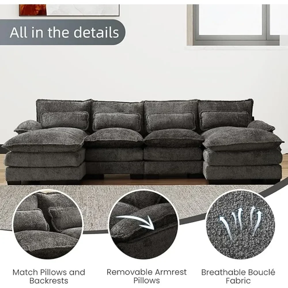 110"Sectional Sofa Couch for Living Room,Modern Chenille U-Shaped Couch,Comfy Modular Sofa Sleeper w Double Chaise Memory Foam