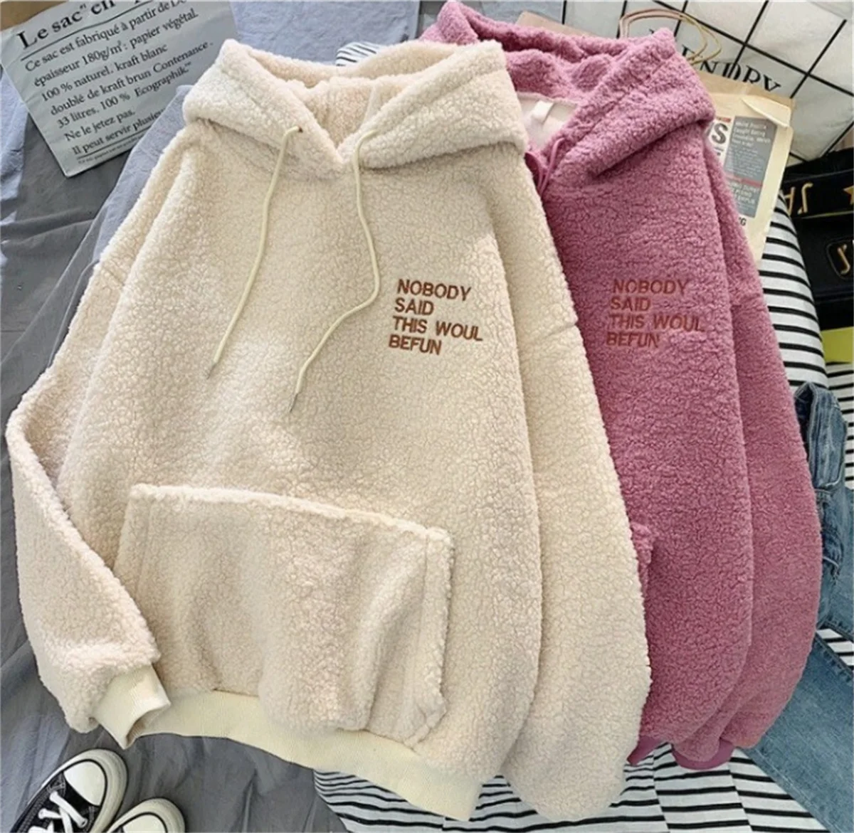 Outono inverno moda moletom com capuz feminino coreano solto sólido carta topos manga longa roupa quente com capuz senhora casual rua