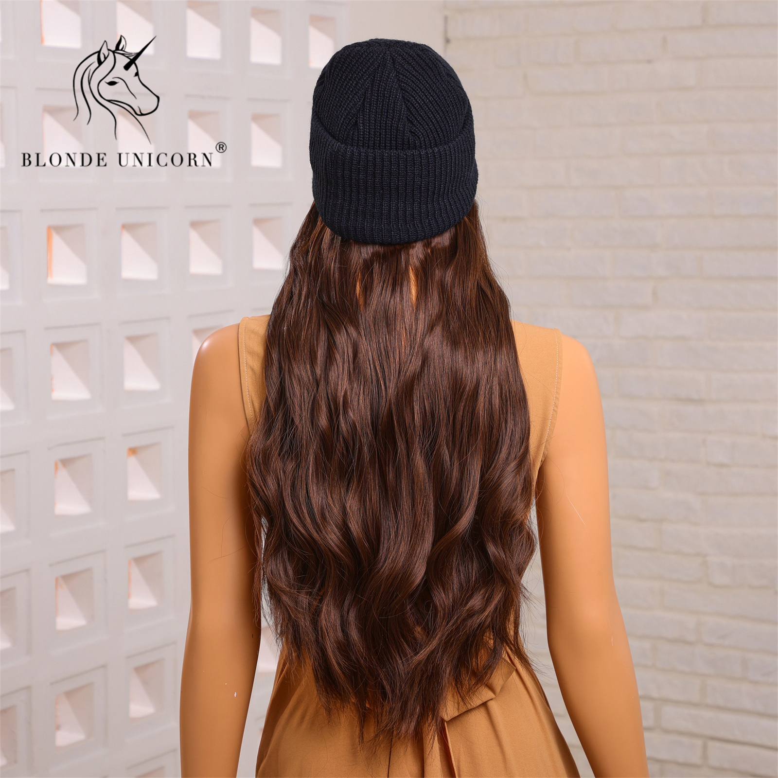 Blonde Unicorn หมวกวิกผมหมวกผมหมวกวิกผมสีน้ําตาลหยักวิกผมเชื่อมต่อผมสังเคราะห์ผู้หญิง Daily Party อุณหภูมิสูง