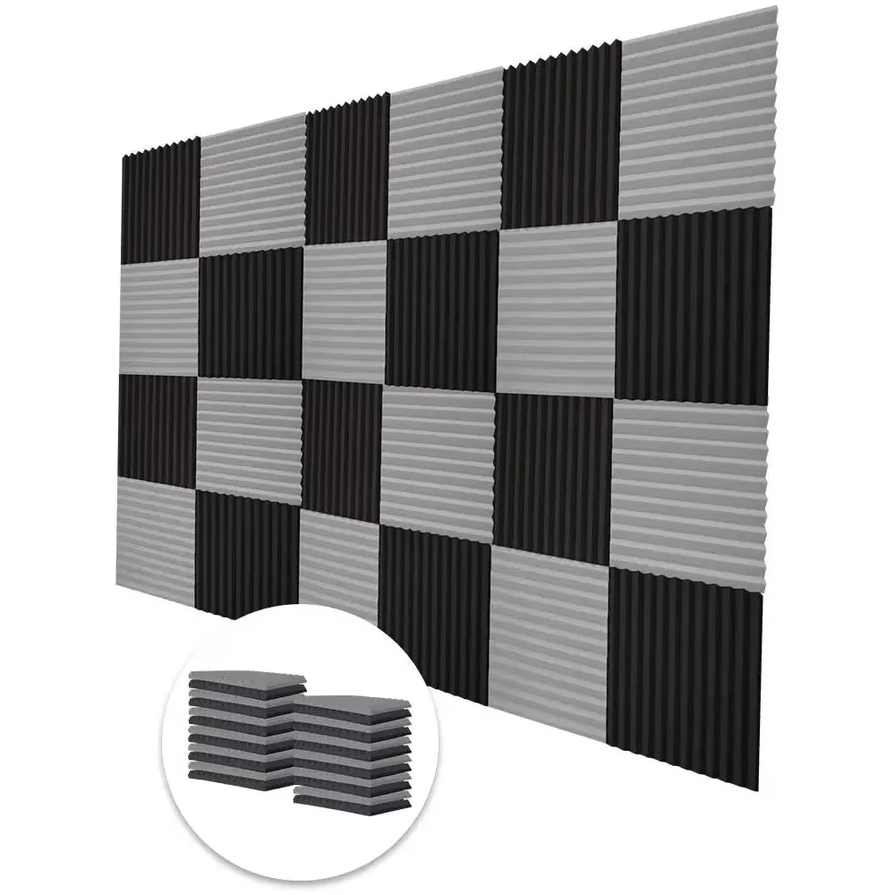 24 peças 30x30x2.5cm painéis de parede de isolamento acústico de espuma acústica estúdio absorção de som painel de ranhura de isolamento acústico 12 preto 12 cinza