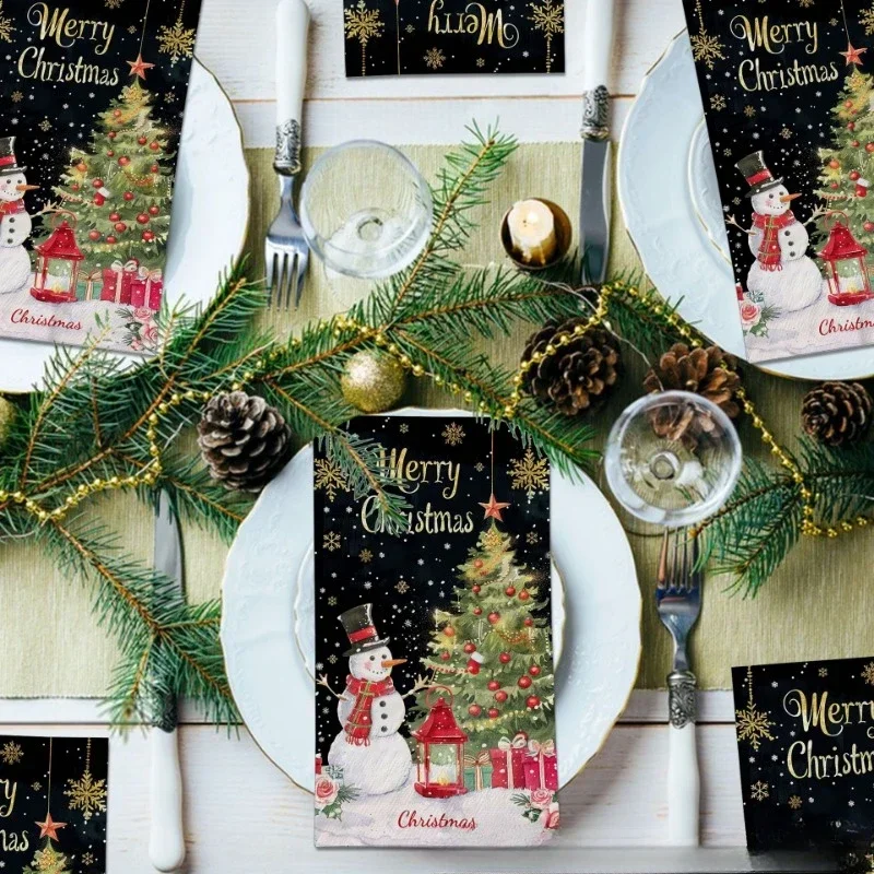 크리스마스 눈사람 긴 종이 냅킨, 대형 파티 테이블 종이, 블랙 골드, 크리스마스 트리, 플레이스매트, 2 겹, 34.2*40.6cm, 20 개