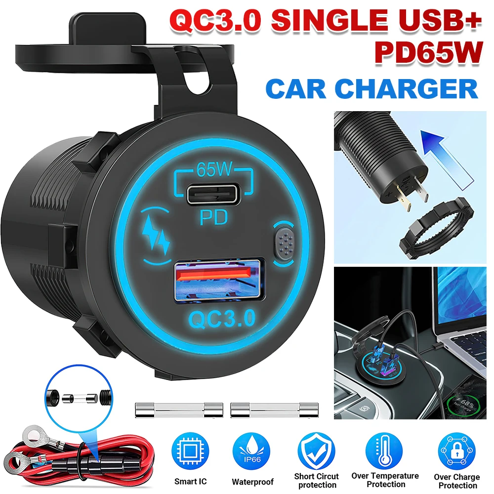 85w pd tipo c/qc 3.0 carregador de carro usb com interruptor tomada de carga rápida adaptador à prova dwaterproof água para 12v 24v carro caminhão barco