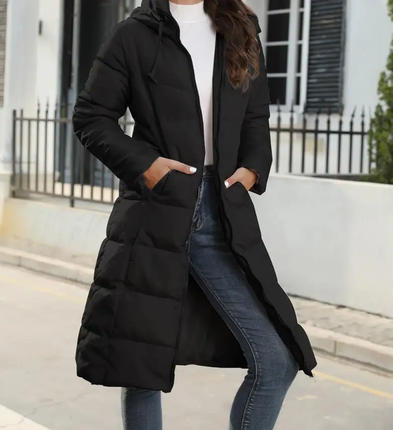 Inverno novo com capuz comprimento médio fino ajuste quente manga longa jaqueta de cor sólida para mulher, 3 cores