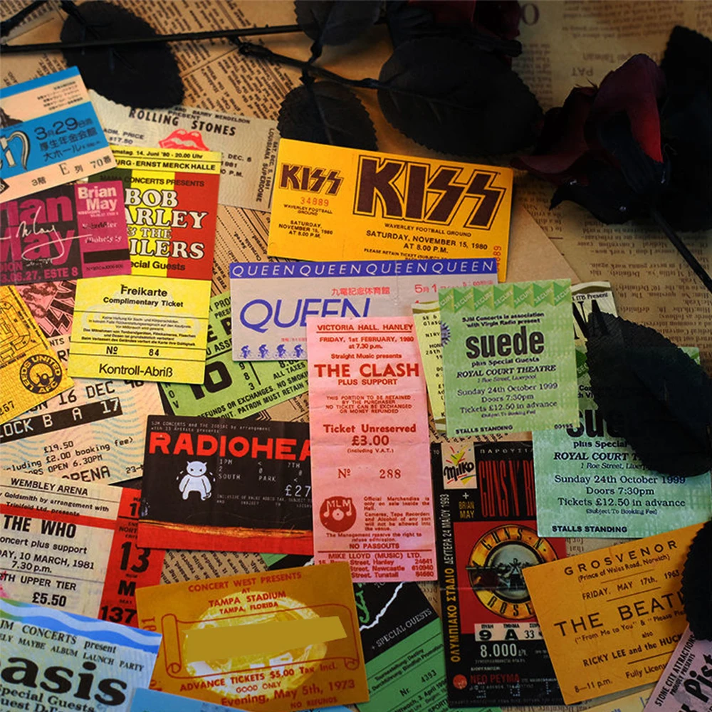 10/30/43Pcs Retro Rock Band Ticket Stickers Music Ticket Graffiti Decal for Notebooks Stationery Laptop Classic Cool Sticker Toy