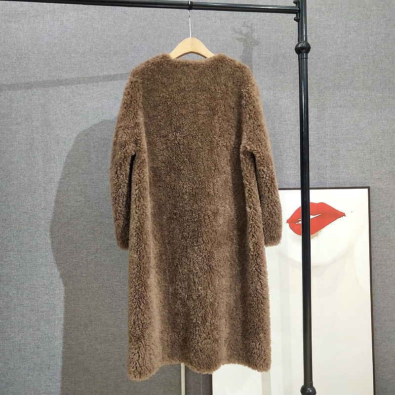 Lady Long 100% Lamb Fur Coat Double-breasted Sheep Shearling Warm Jacket  Female Round Neck Parka PT401