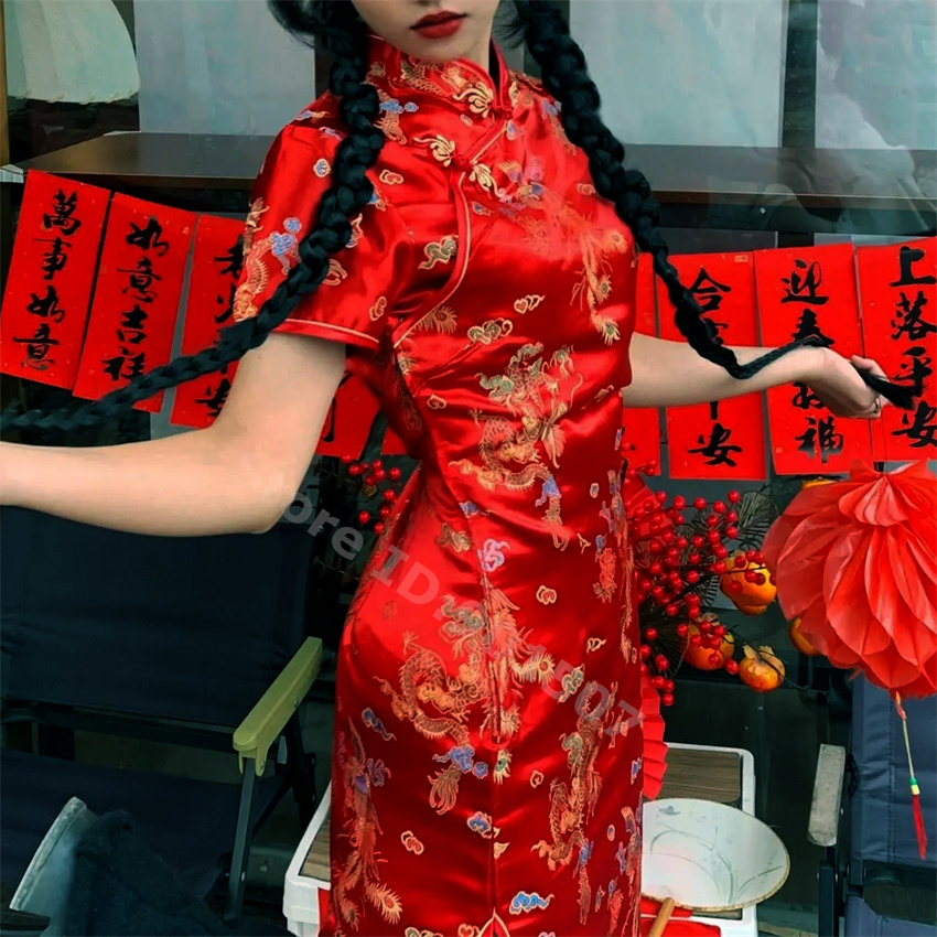 여성용 특대 레드 드래곤 미니 치파오, 빈티지 만다린 칼라, 중국 스타일 드레스, 4XL, 5XL, 6XL
