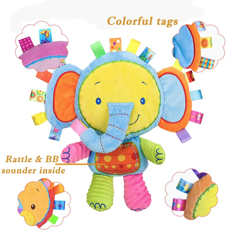 Baby-Tags, Stofftier, Stofftier, Lovey Elephant, Plüschglocke, Spielzeug, integrierte Rasseln, sensorisches Spielzeug für Neugeborene, Kleinkinder, Kleinkinder, Geschenke
