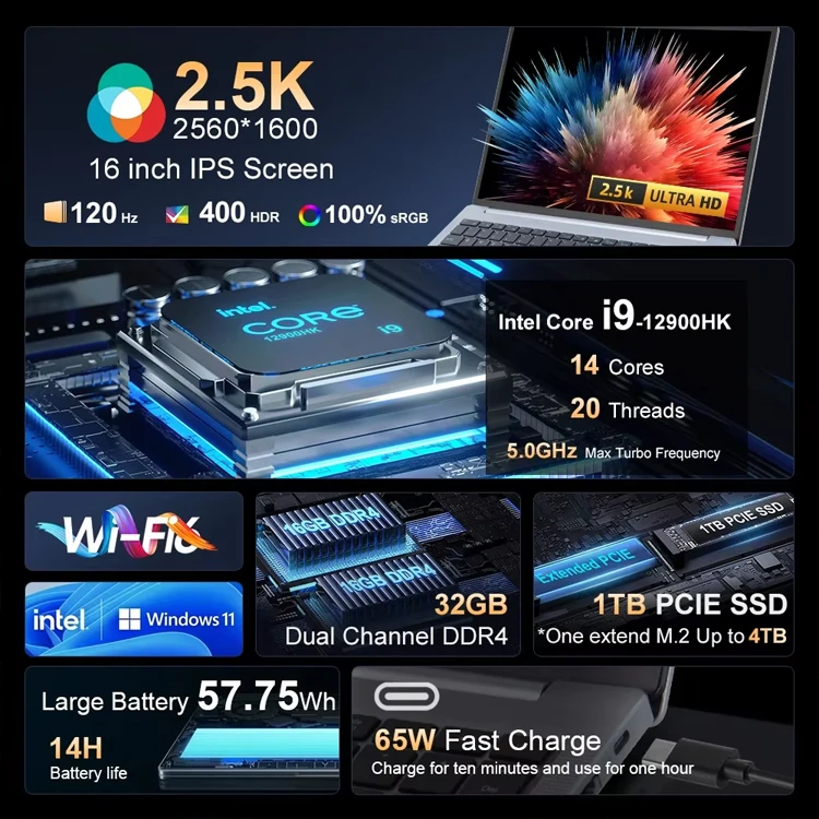 Ninkear N16 PRO Laptop para juegos 13.o Intel i7-13620H WiFi 6 16 pulgadas 2.5K IPS 120Hz 32GB DDR4 + 1TB SSD Computadora de oficina Notebook