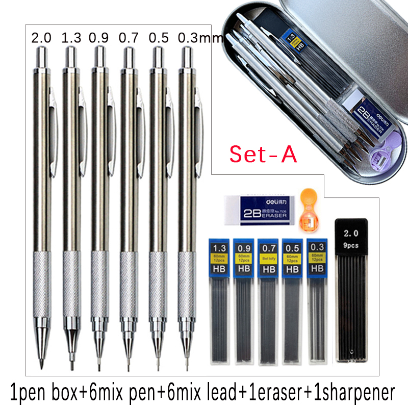 Conjunto de lápis mecânico de metal com caixa de caneta, apontador de lápis, 0.3 0.5 0.7 0.9 1.3 2.0mm, esboço de arte, lápis automático